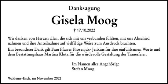 Traueranzeige von Gisela Moog von vrm-trauer Idsteiner Zeitung