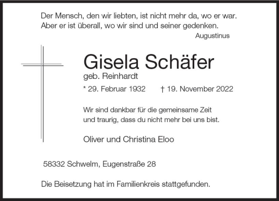 Traueranzeige von Gisela Schäfer von vrm-trauer Rüsselsheimer Echo / MainSpitze