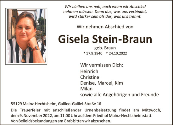 Traueranzeige von Gisela Stein-Braun von vrm-trauer AZ Mainz