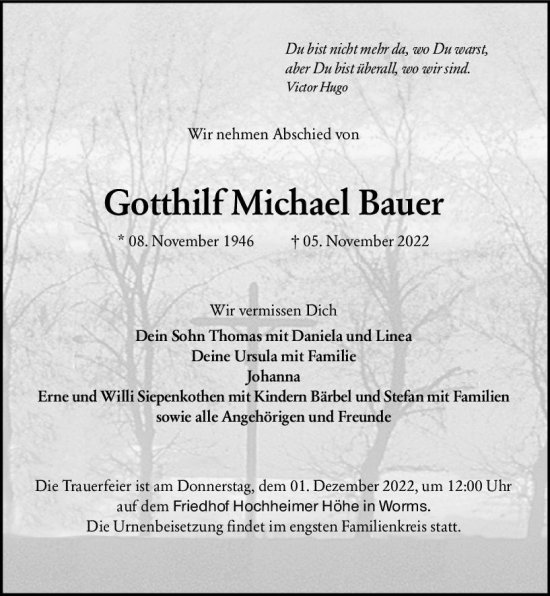 Traueranzeige von Gotthilf Michael Bauer von vrm-trauer Wormser Zeitung