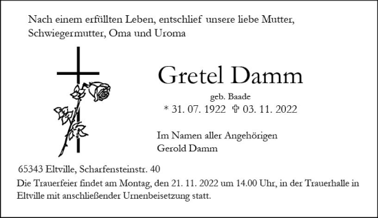 Traueranzeige von Gretel Damm von vrm-trauer Rheingau