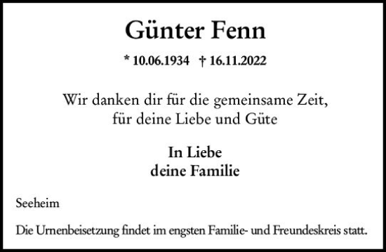 Traueranzeige von Günter Fenn von vrm-trauer Darmstädter Echo