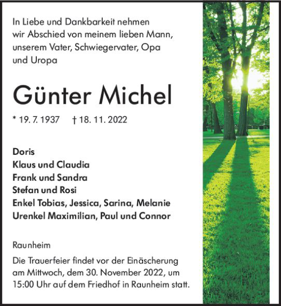 Traueranzeige von Günter Michel von vrm-trauer Rüsselsheimer Echo / MainSpitze