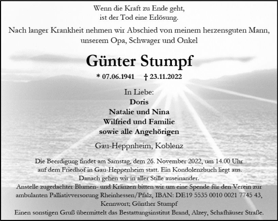 Traueranzeige von Günter Stumpf von vrm-trauer Allgemeine Zeitung Alzey