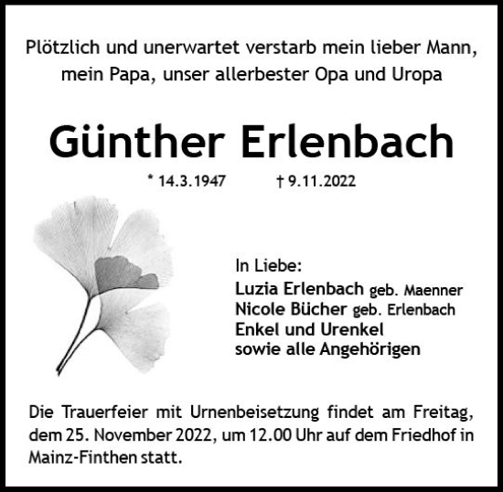 Traueranzeige von Günther Erlenbach von vrm-trauer AZ Mainz