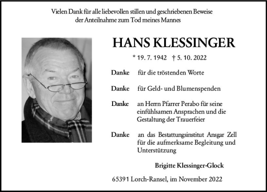 Traueranzeige von Hans Klessinger von vrm-trauer Rheingau
