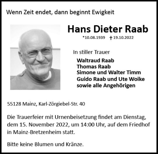 Traueranzeige von Hans Dieter Raab von vrm-trauer AZ Mainz