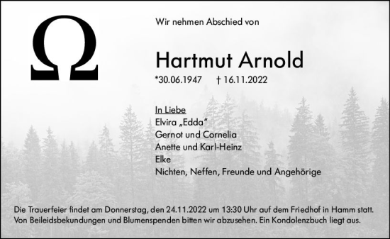 Traueranzeige von Hartmut Arnold von vrm-trauer Wormser Zeitung