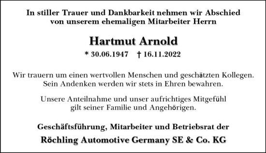 Traueranzeige von Hartmut Arnold von vrm-trauer Wormser Zeitung
