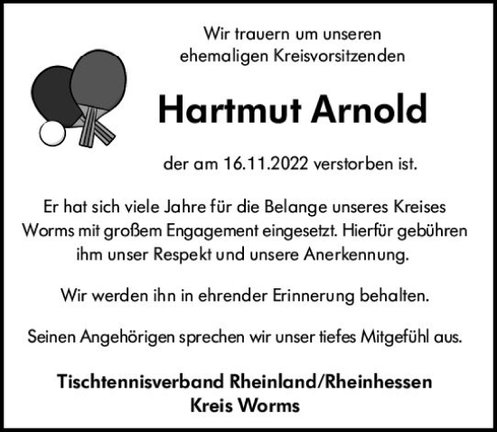 Traueranzeige von Hartmut Arnold von vrm-trauer Wormser Zeitung