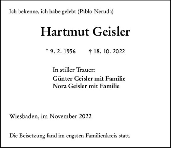 Traueranzeige von Hartmut Geisler von vrm-trauer Wiesbadener Kurier