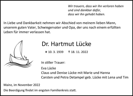 Traueranzeige von Hartmut Lücke von vrm-trauer AZ Mainz
