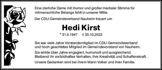 Traueranzeige von Hedi Kirst von vrm-trauer Rüsselsheimer Echo / MainSpitze