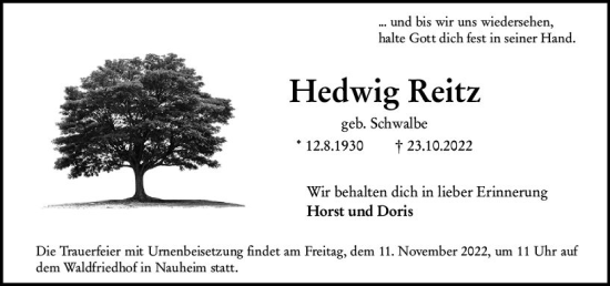 Traueranzeige von Hedwig Reitz von vrm-trauer Rüsselsheimer Echo / MainSpitze