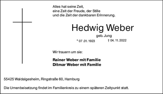 Traueranzeige von Hedwig Weber von vrm-trauer Allgemeine  Zeitung Ingelheim-Bingen