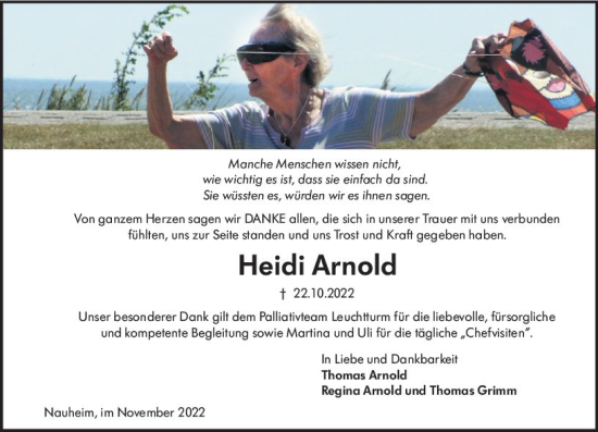 Traueranzeige von Heidi Arnold von vrm-trauer Rüsselsheimer Echo / MainSpitze