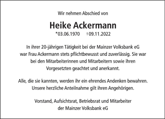 Traueranzeige von Heike Ackermann von vrm-trauer AZ Mainz