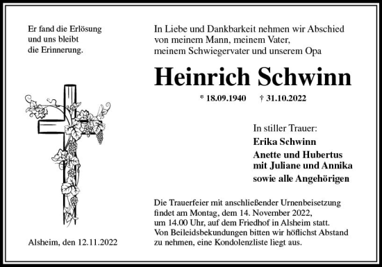 Traueranzeige von Heinrich Schwinn von vrm-trauer Wormser Zeitung