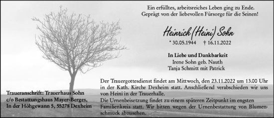 Traueranzeige von Heinrich Sohn von vrm-trauer AZ Mainz