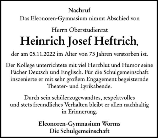 Traueranzeige von Heinrich Josef Heftrich von vrm-trauer Wormser Zeitung