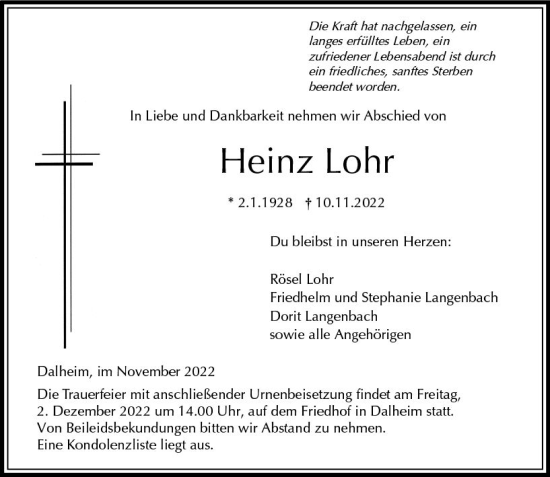 Traueranzeige von Heinz Lohr von vrm-trauer AZ Mainz