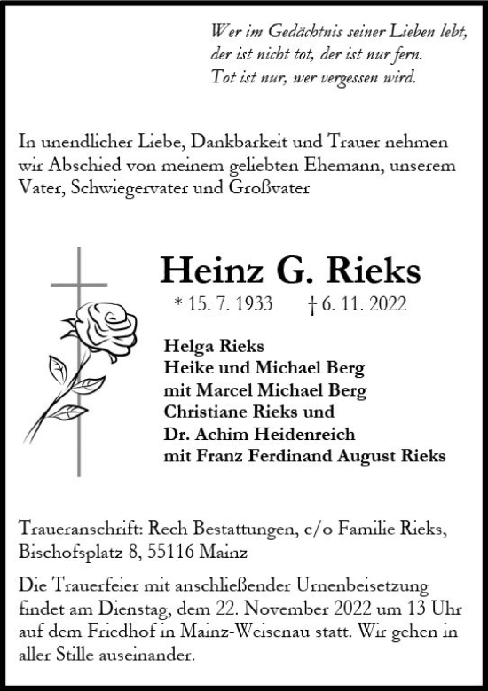 Traueranzeige von Heinz  Rieks von vrm-trauer AZ Mainz