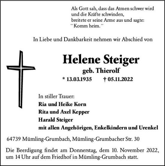 Traueranzeige von Helene Steiger von vrm-trauer Odenwälder Echo
