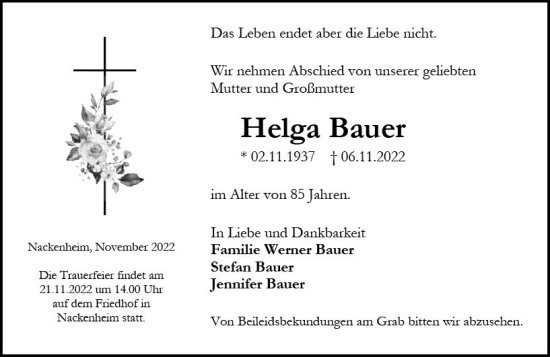 Traueranzeige von Helga Bauer von vrm-trauer AZ Mainz