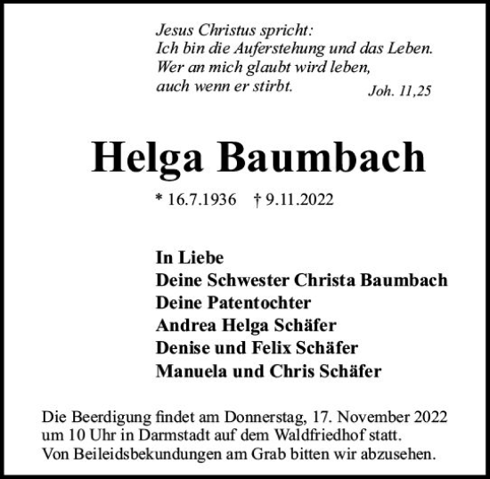 Traueranzeige von Helga Baumbach von vrm-trauer Darmstädter Echo