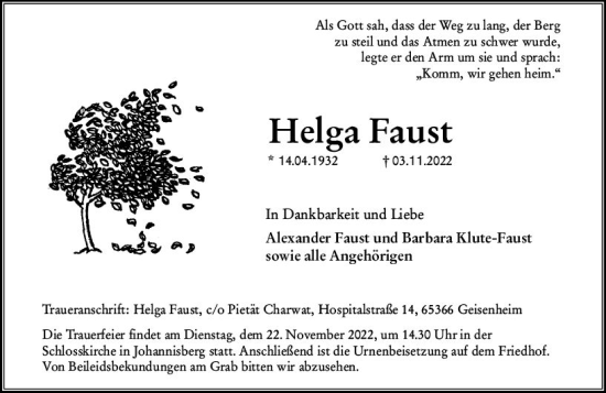 Traueranzeige von Helga Faust von vrm-trauer Rheingau