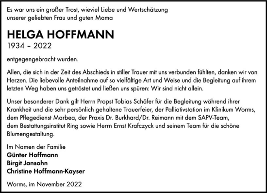 Traueranzeige von Helga Hoffmann von vrm-trauer Wormser Zeitung