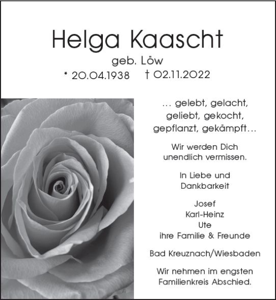Traueranzeige von Helga Kaascht von vrm-trauer Wiesbadener Kurier