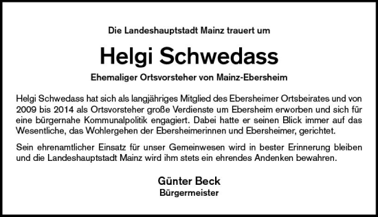 Traueranzeige von Helgi Schwedass von vrm-trauer AZ Mainz
