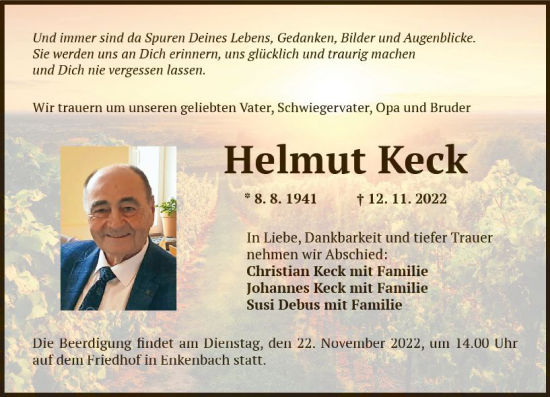 Traueranzeige von Helmut Keck von vrm-trauer Wormser Zeitung