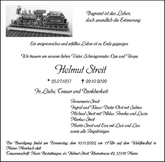 Traueranzeige von Helmut Streit von vrm-trauer AZ Mainz