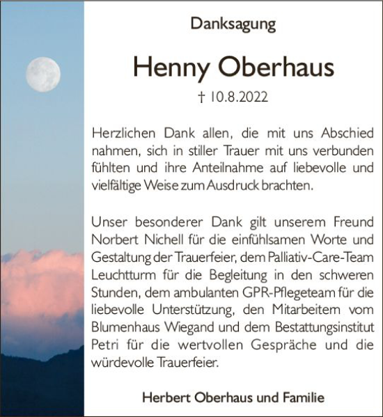 Traueranzeige von Henny Oberhaus von vrm-trauer AZ Mainz
