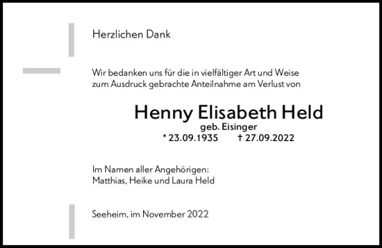 Traueranzeige von Henny Elisabeth Held von vrm-trauer Darmstädter Echo