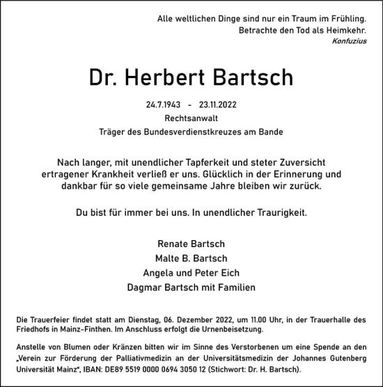 Traueranzeige von Herbert Bartsch von vrm-trauer AZ Mainz