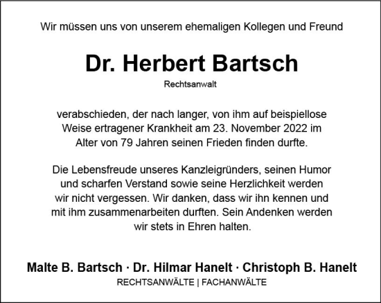 Traueranzeige von Herbert Bartsch von vrm-trauer AZ Mainz