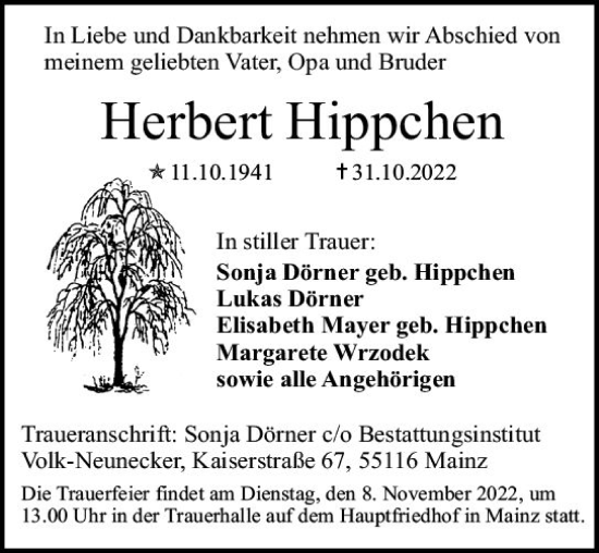 Traueranzeige von Herbert Hippchen von vrm-trauer AZ Mainz