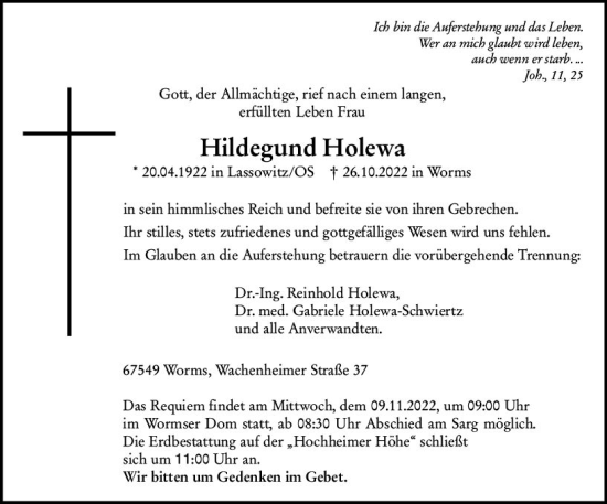 Traueranzeige von Hildegund Holewa von vrm-trauer Wormser Zeitung