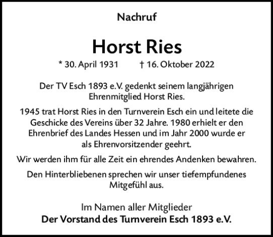 Traueranzeige von Horst Ries von vrm-trauer Idsteiner Zeitung