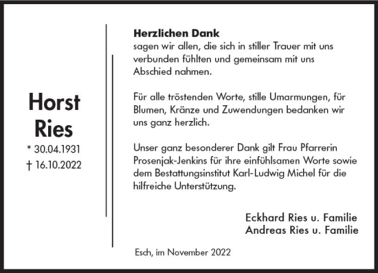 Traueranzeige von Horst Ries von vrm-trauer Idsteiner Zeitung
