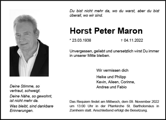 Traueranzeige von Horst Peter Maron von vrm-trauer AZ Mainz