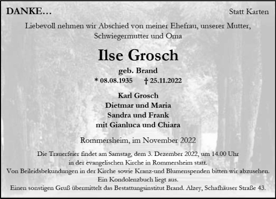 Traueranzeige von Ilse Grosch von vrm-trauer Allgemeine Zeitung Alzey