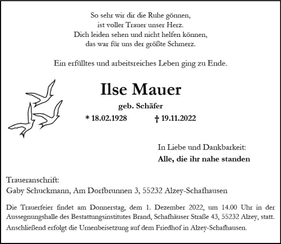 Traueranzeige von Ilse Mauer von vrm-trauer Allgemeine Zeitung Alzey