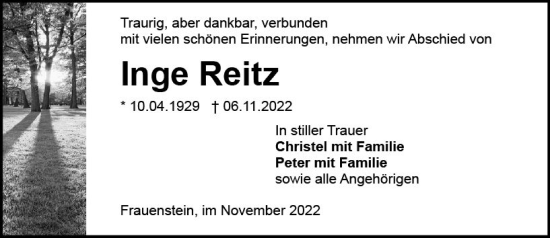 Traueranzeige von Inge Reitz von vrm-trauer Wiesbadener Kurier