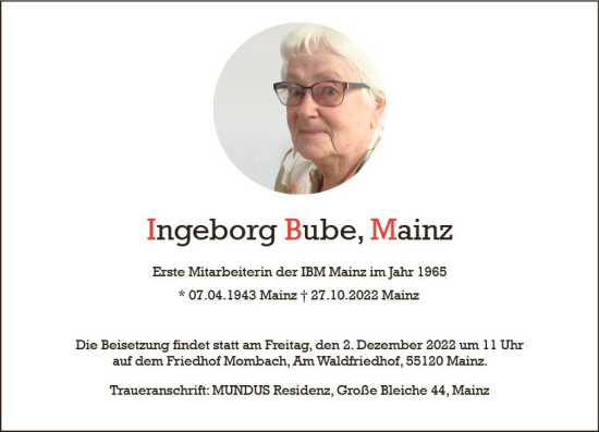 Traueranzeige von Ingeborg Bube von vrm-trauer AZ Mainz