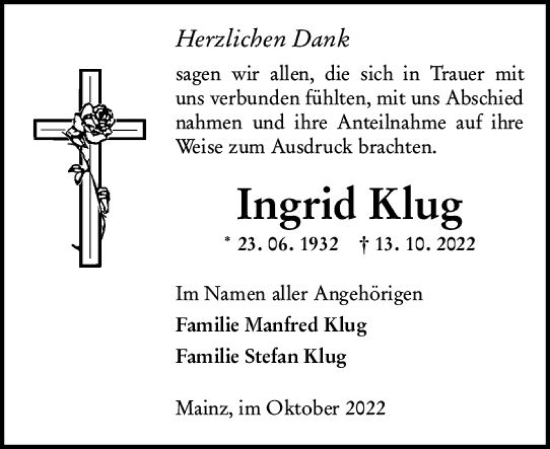 Traueranzeige von Ingrid Klug von vrm-trauer AZ Mainz