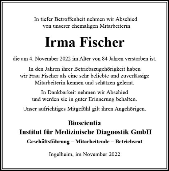 Traueranzeige von Irma Fischer von vrm-trauer Allgemeine  Zeitung Ingelheim-Bingen